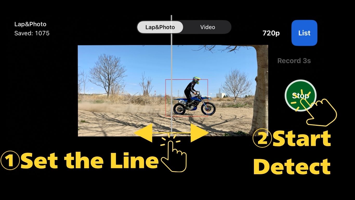 Ponderless guide image showing line setup, detection start, passing in front of the camera, and opening the pass list